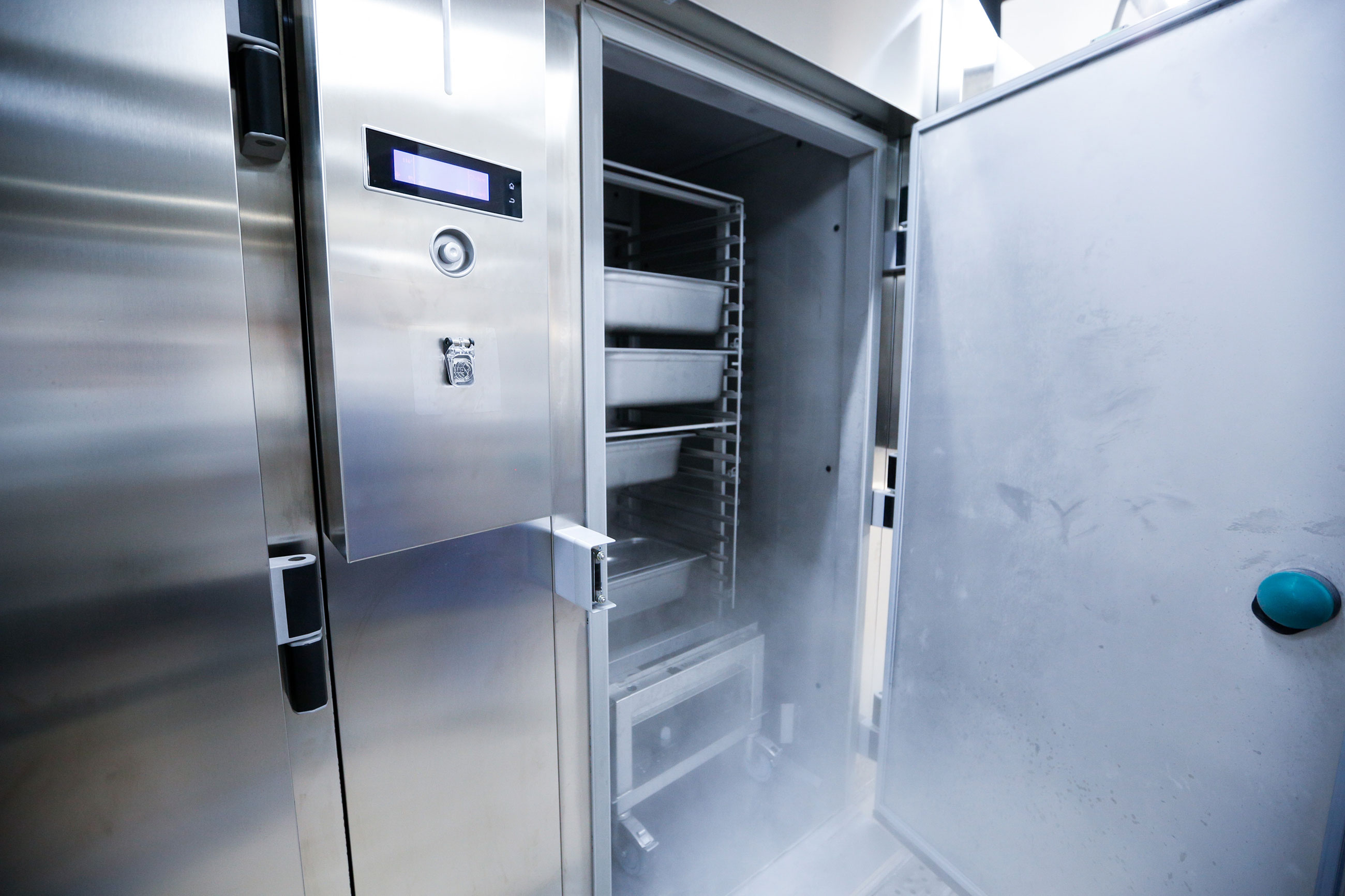 Stainless commercial reach-in refrigeration unit serviced by Franklin Food Equipment